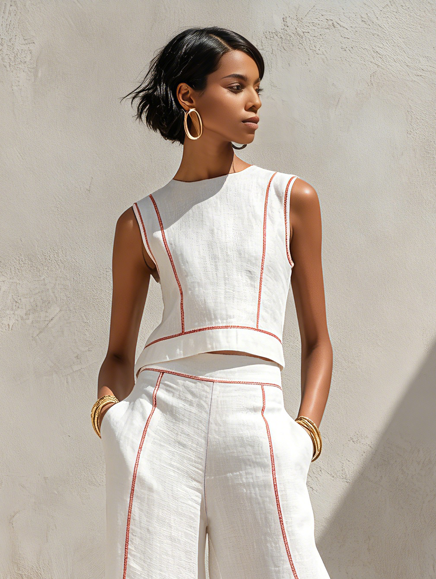 Cotton-Blend Contrast-Stitched Pants Set