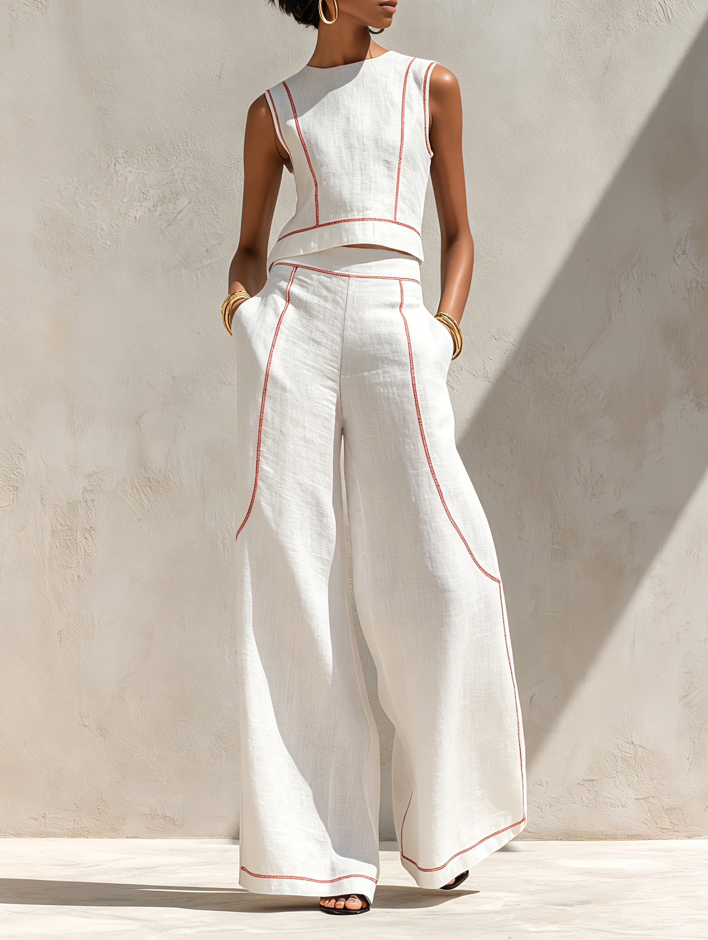 Cotton-Blend Contrast-Stitched Pants Set